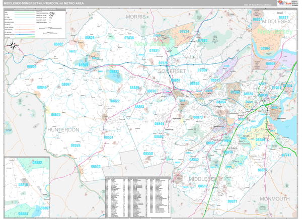 Middlesex-Somerset-Hunterdon, NJ Metro Area Wall Map